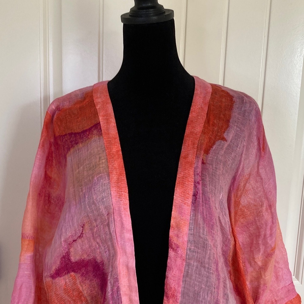 Chicos Womens Sheer‎ Watercolor Pink Coral Open Kimono Size XLP Coastal Linen - Picture 2 of 11